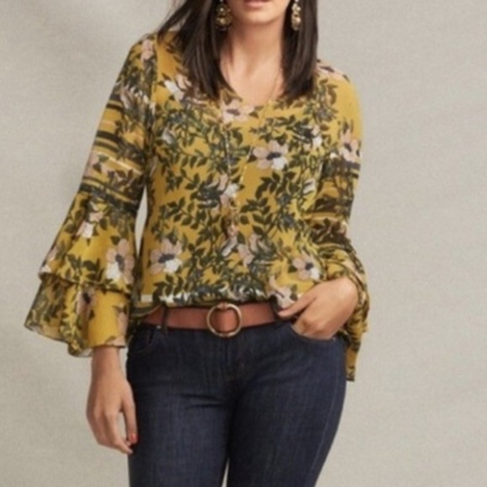 CAbi Mustard Yellow Sheer Floral Long Sleeve Blouse